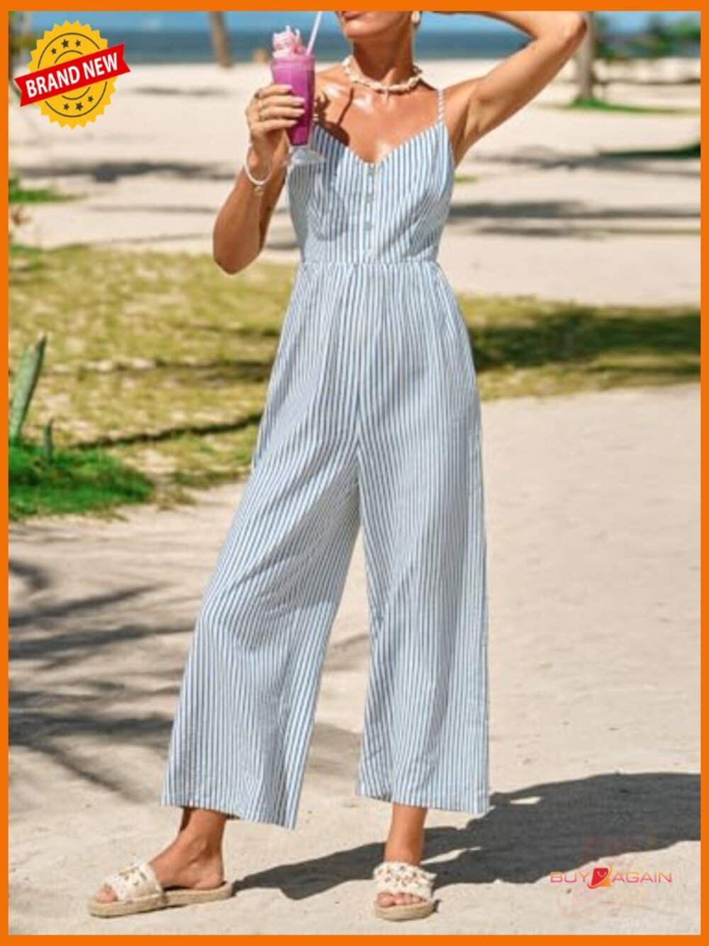 Backless Smocked Wide Leg Jumpsuit with Pockets Sleeveless Sweetheart Neck - Picture 6 of 6